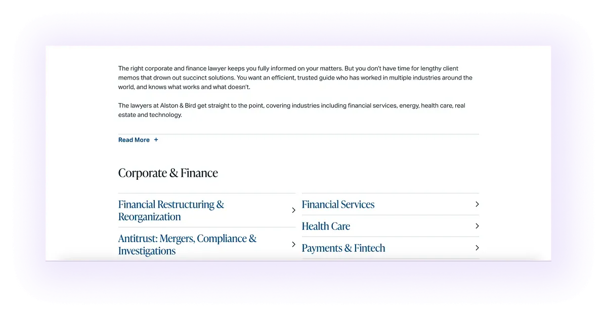 example of service-to-service linking section on a lawyer website