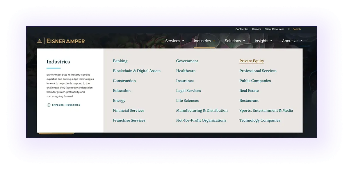 tax and accounting website indursties menu with sub-industry pages linked