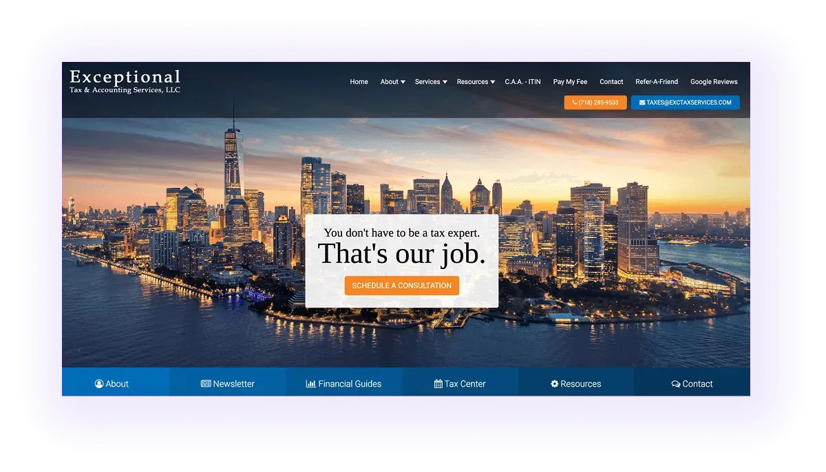 tax and accounting services sites hero section and navigation bar example