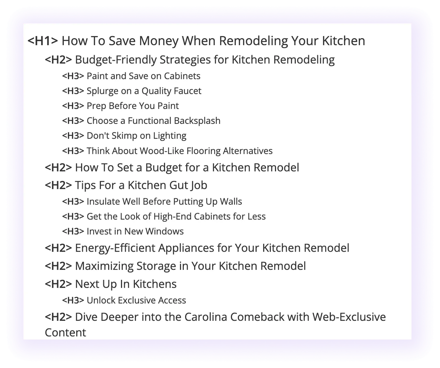 blog post heading structure in a home improvement website blog