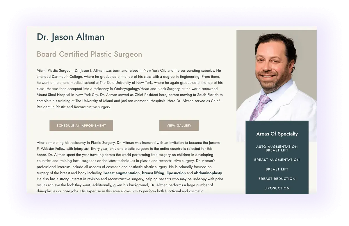 example of a page for plastic surgeons on a plastic surgeon website