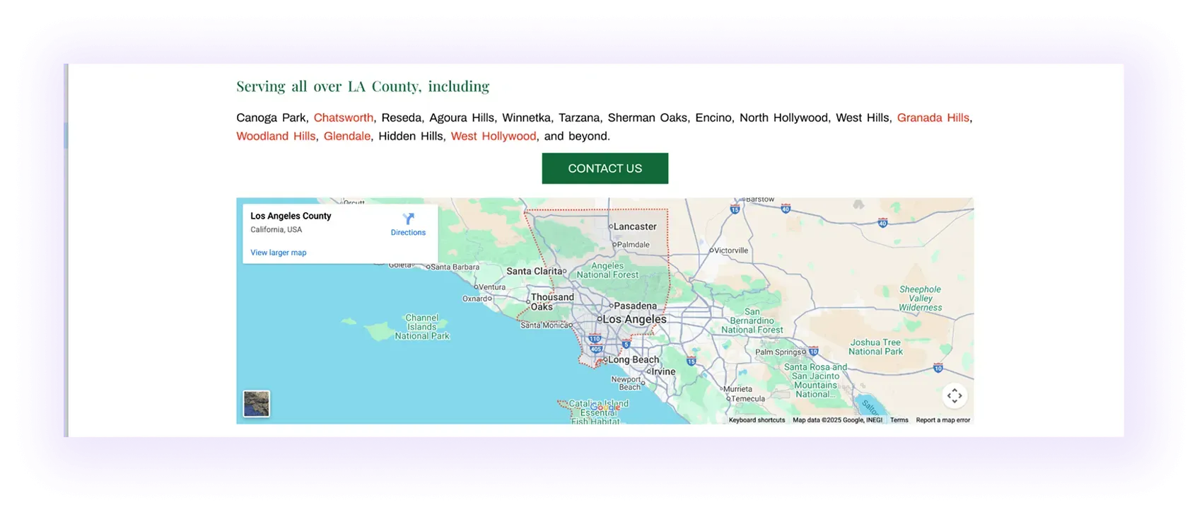 service-to-location linking example on an hvac company website