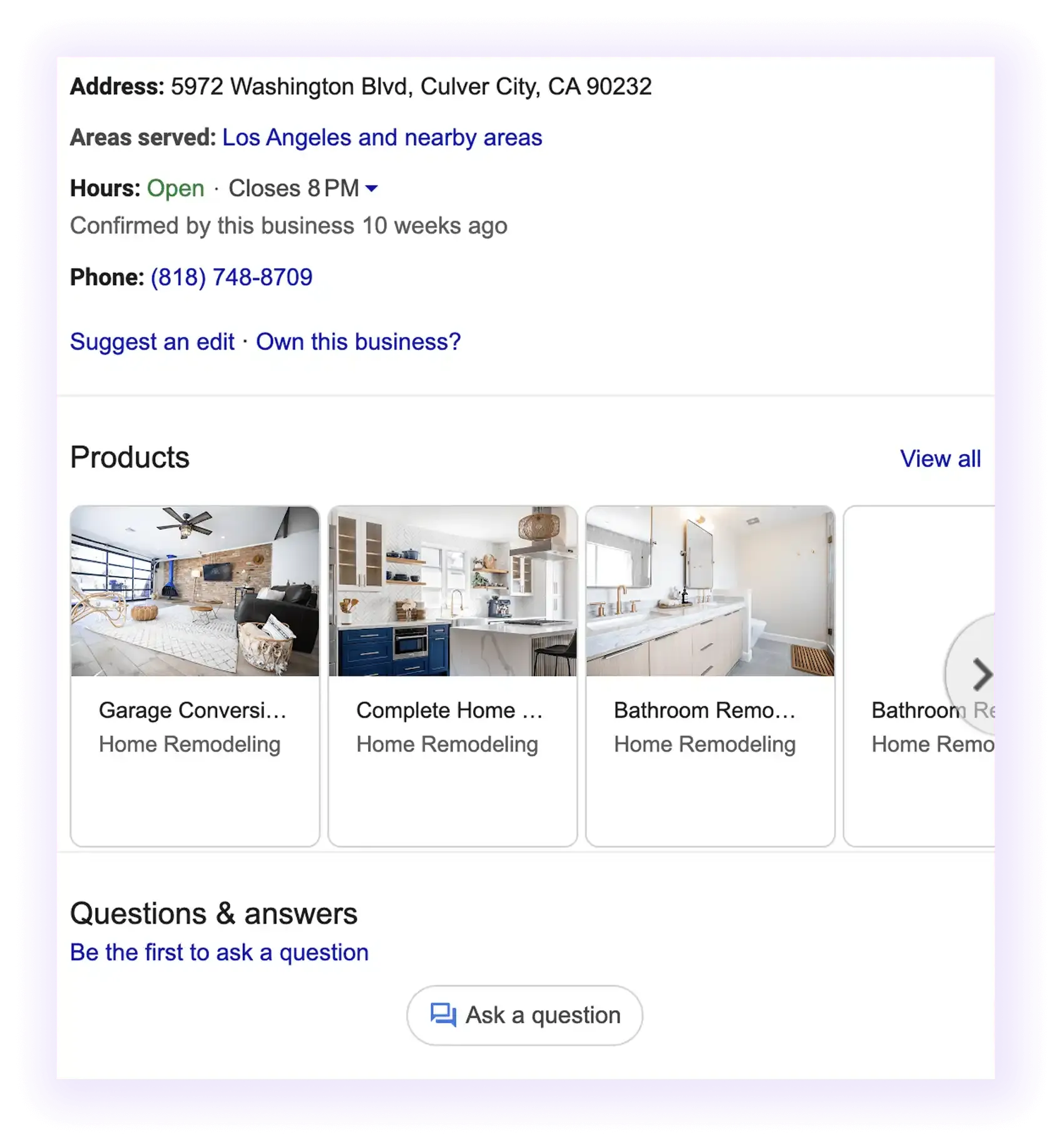 NAP and products sections example for a home improvement GBP
