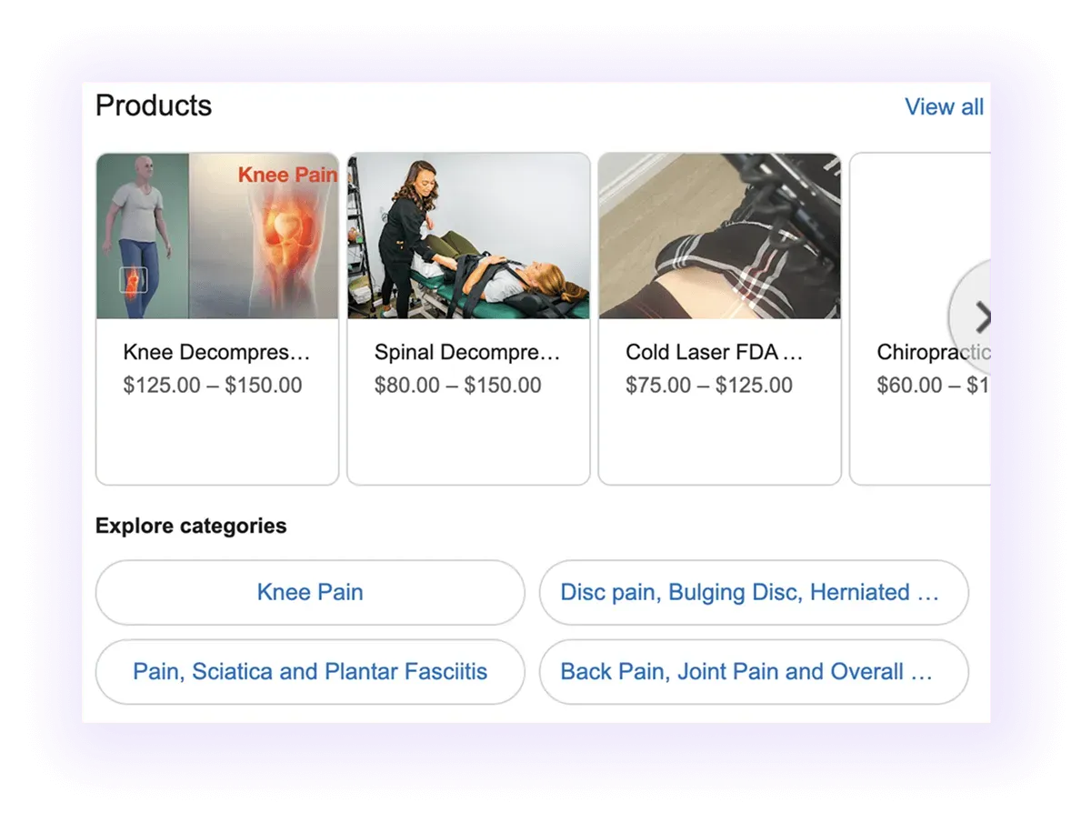 products and categories sections example for a chiropractor's GMB listing
