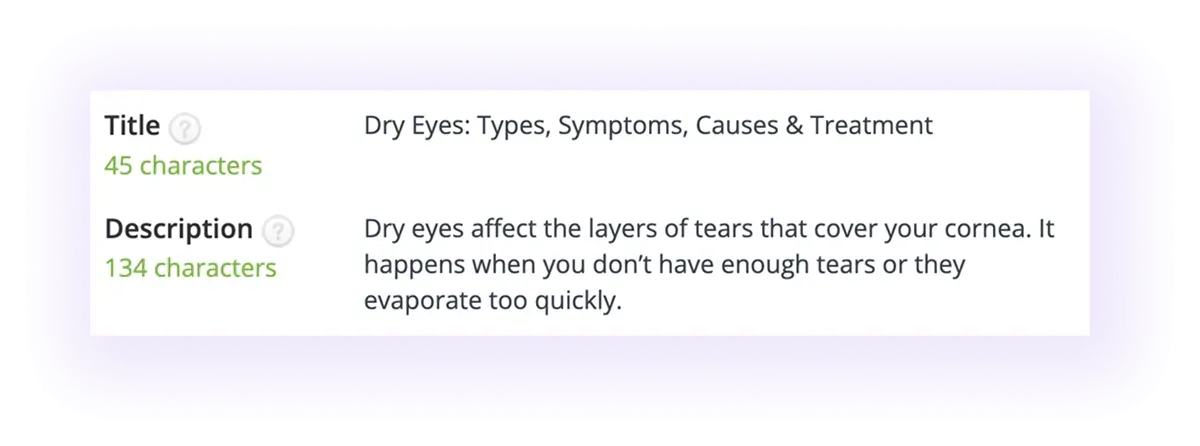 optimized meta title and meta description in an optometry website blog