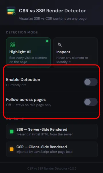 The CSR vs SSR Render Detector popup showing Highlight All and Inspect modes, Enable Detection, and Follow across pages