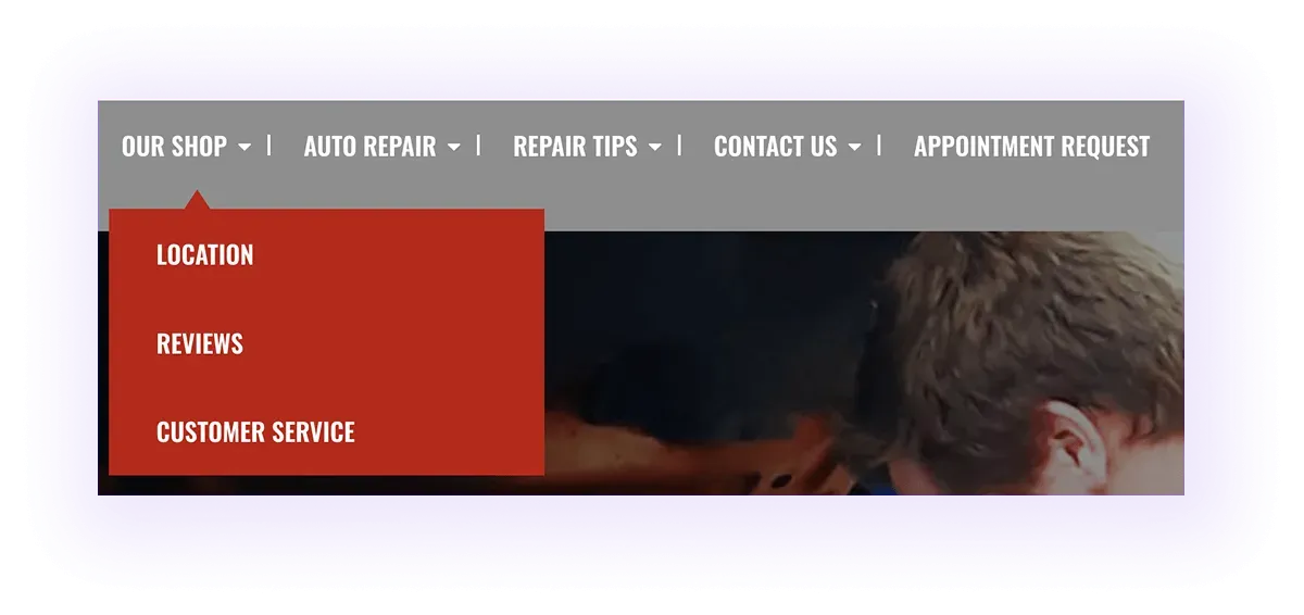 automotive services website navigation bar with locations in the drop-down menu