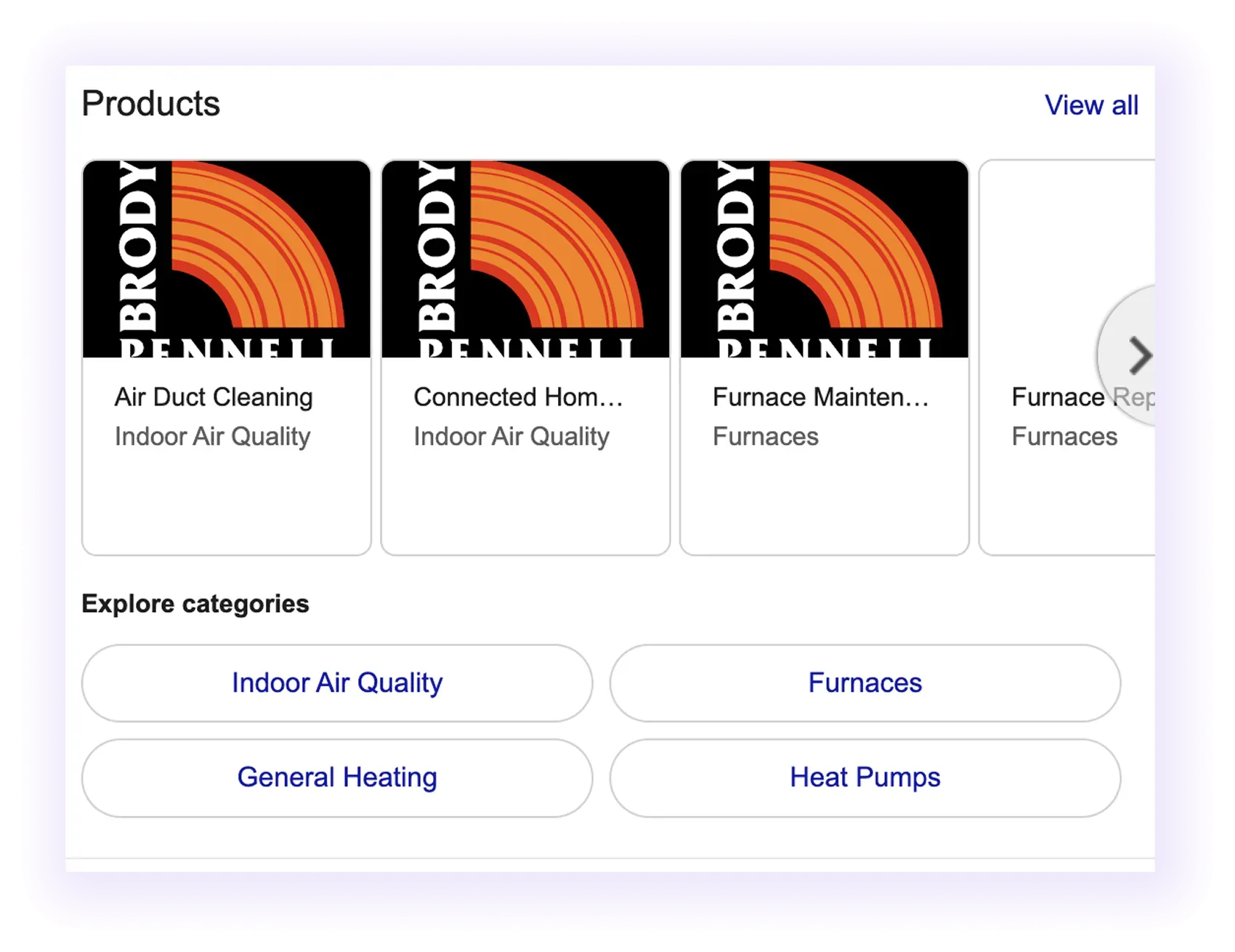 products section example for an hvac company GMB