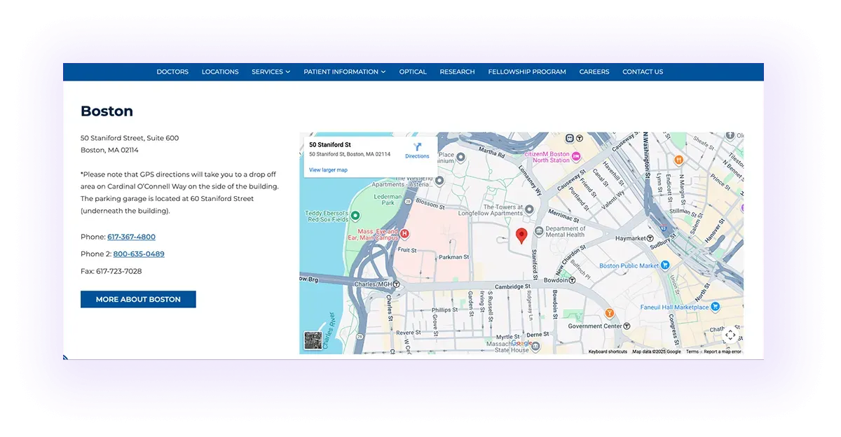 navigation bar with local pages on a drop-down menu and a location map on a optometry website