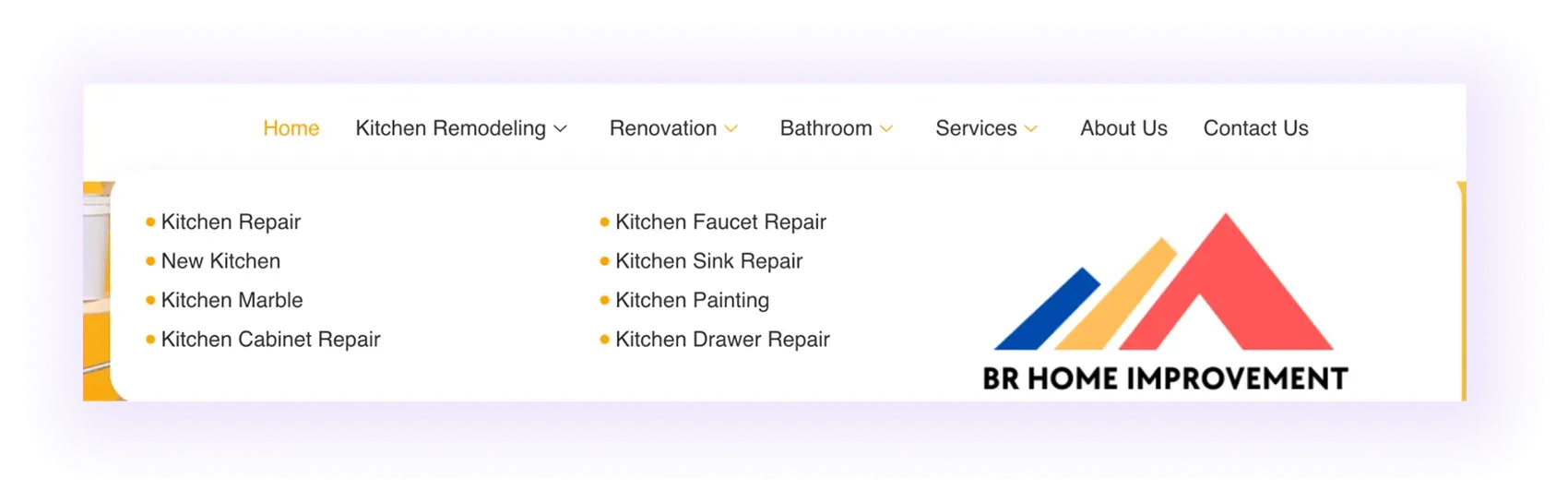 "services" hub in the navigation menu in a home improvement website