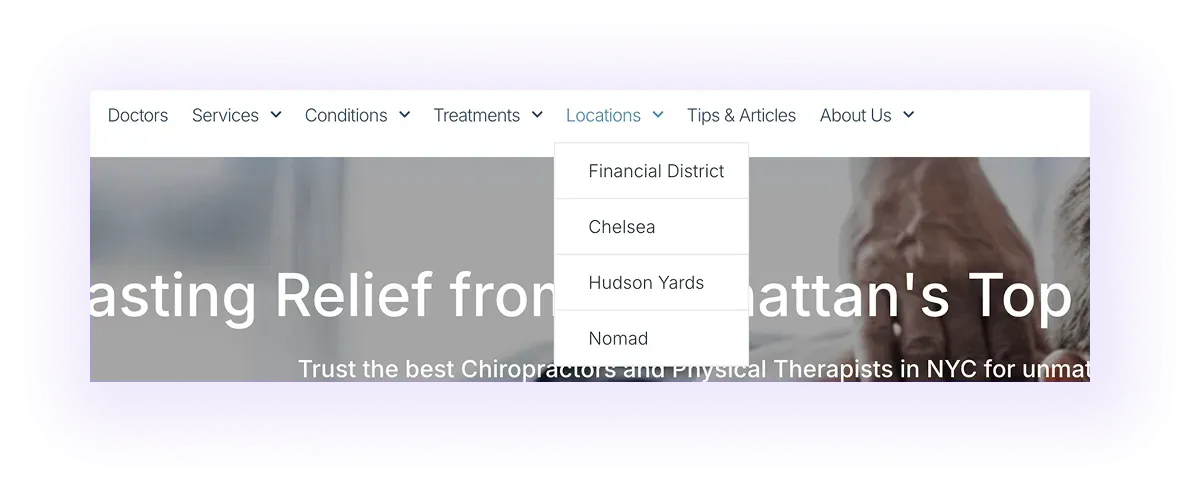 example of location pages linked in a header navigation bar on a chiropractor website