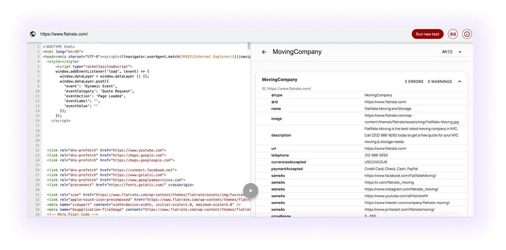 example of an optimized schema markup for a moving company website