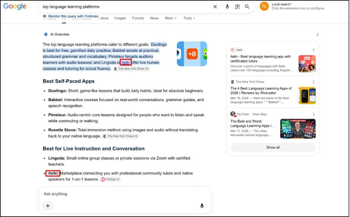 italki is cited in AI overviews and mentioned among the sources for the query “top language learning platforms.