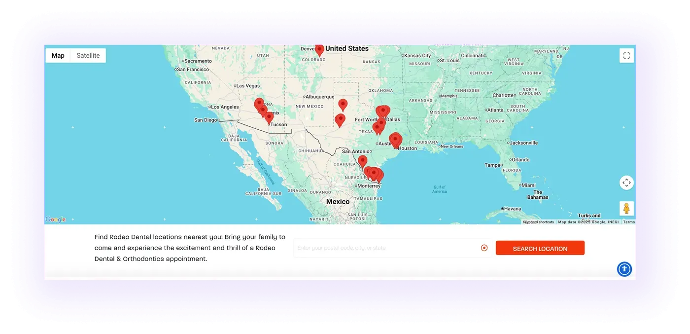 interactive map on a national/multi-location orthodontic clinic website