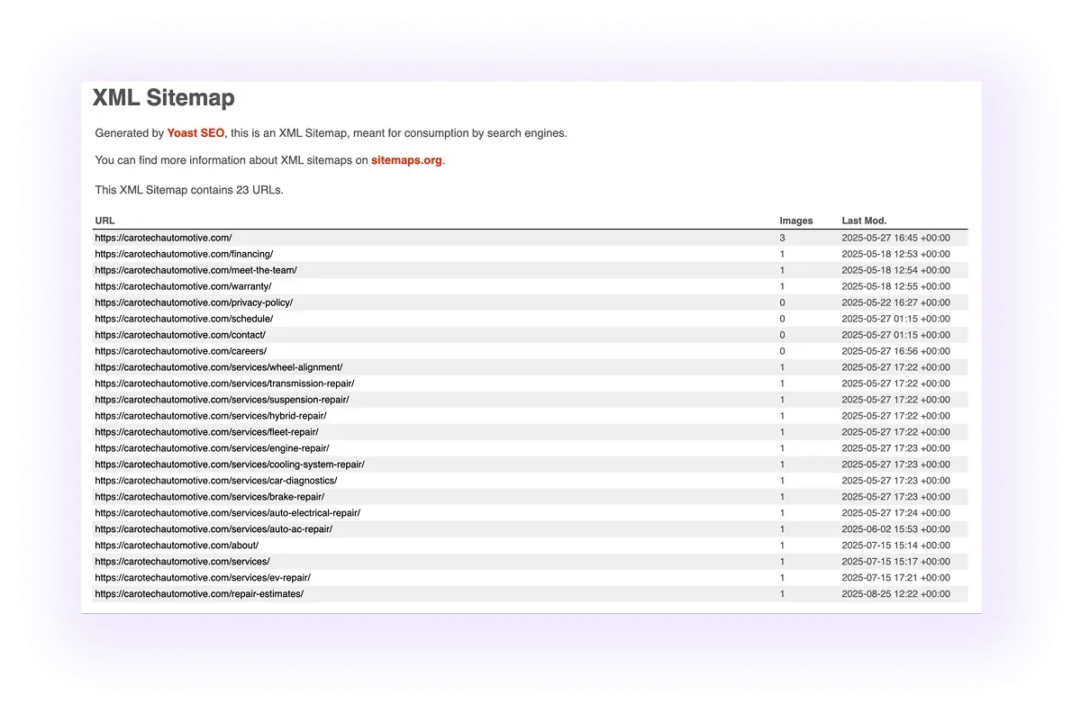 example of an optimized XML sitemap for an automotive business website