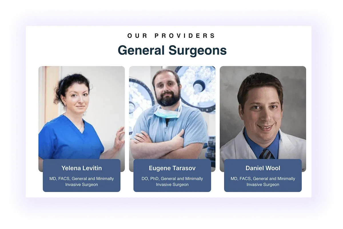 surgical clinic website with surgeon profiles linked on a general surgeons' page
