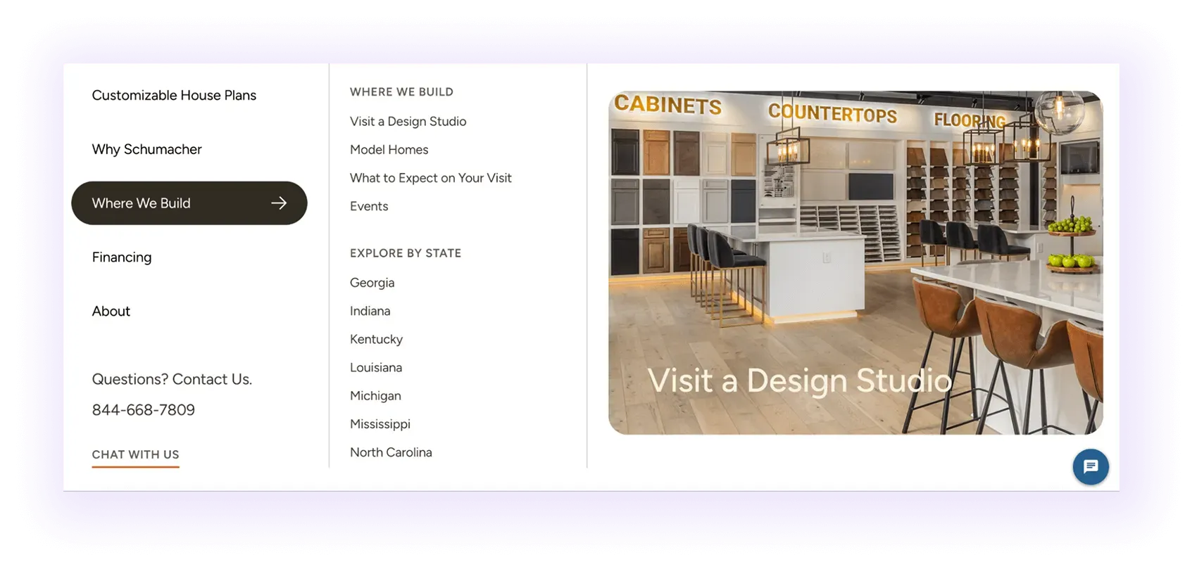 mega menu with local pages on a home builder website