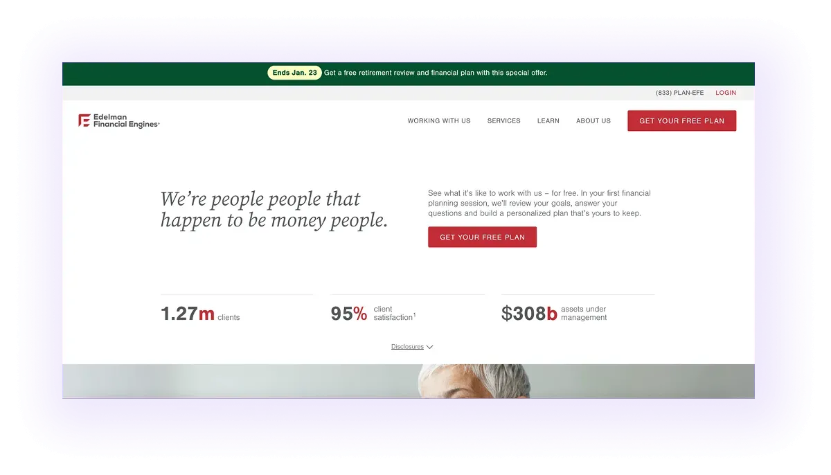 financial advisor services site hero section and navigation bar example