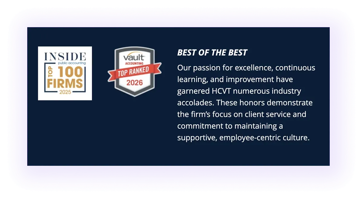Awards and professional recognition block on an accounting services website