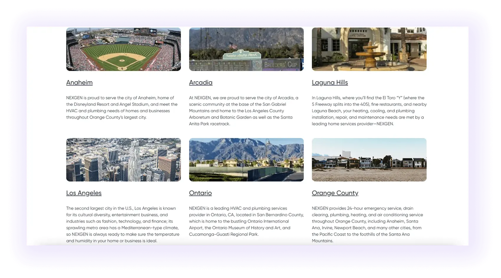location hub page with links to local pages in a national hvac company website