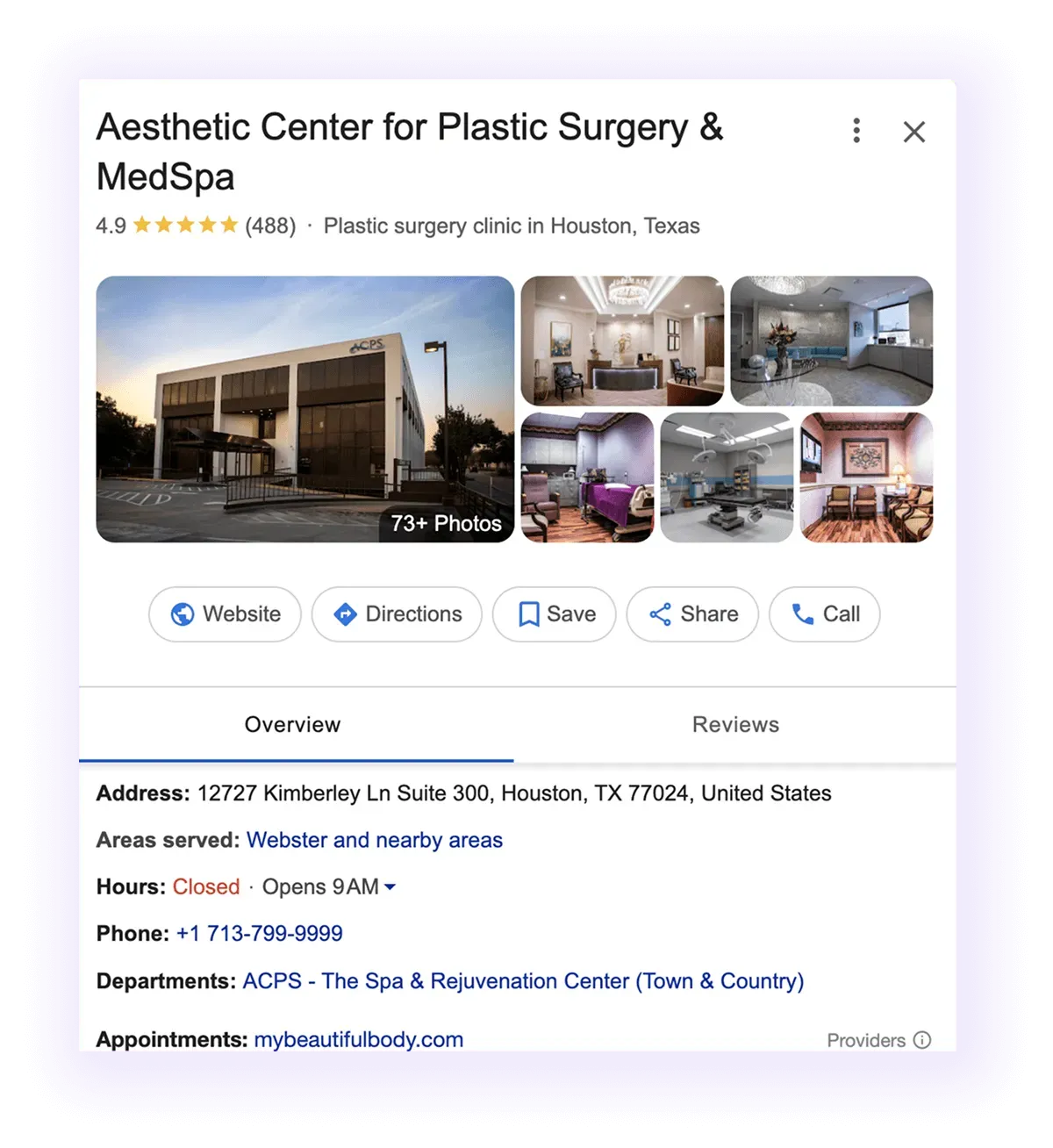 Google Business Profile overview and NAP example for a cosmetic surgeon GMB
