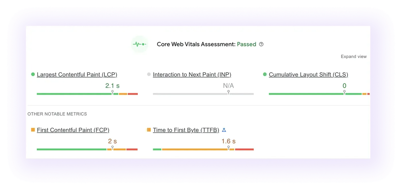 Core Web Vitals assessment passes result for an orthodontic company website