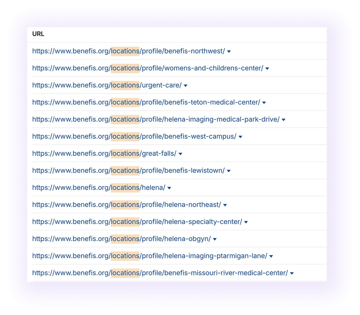 optimized URL structure for location pages in a national orthopedic website