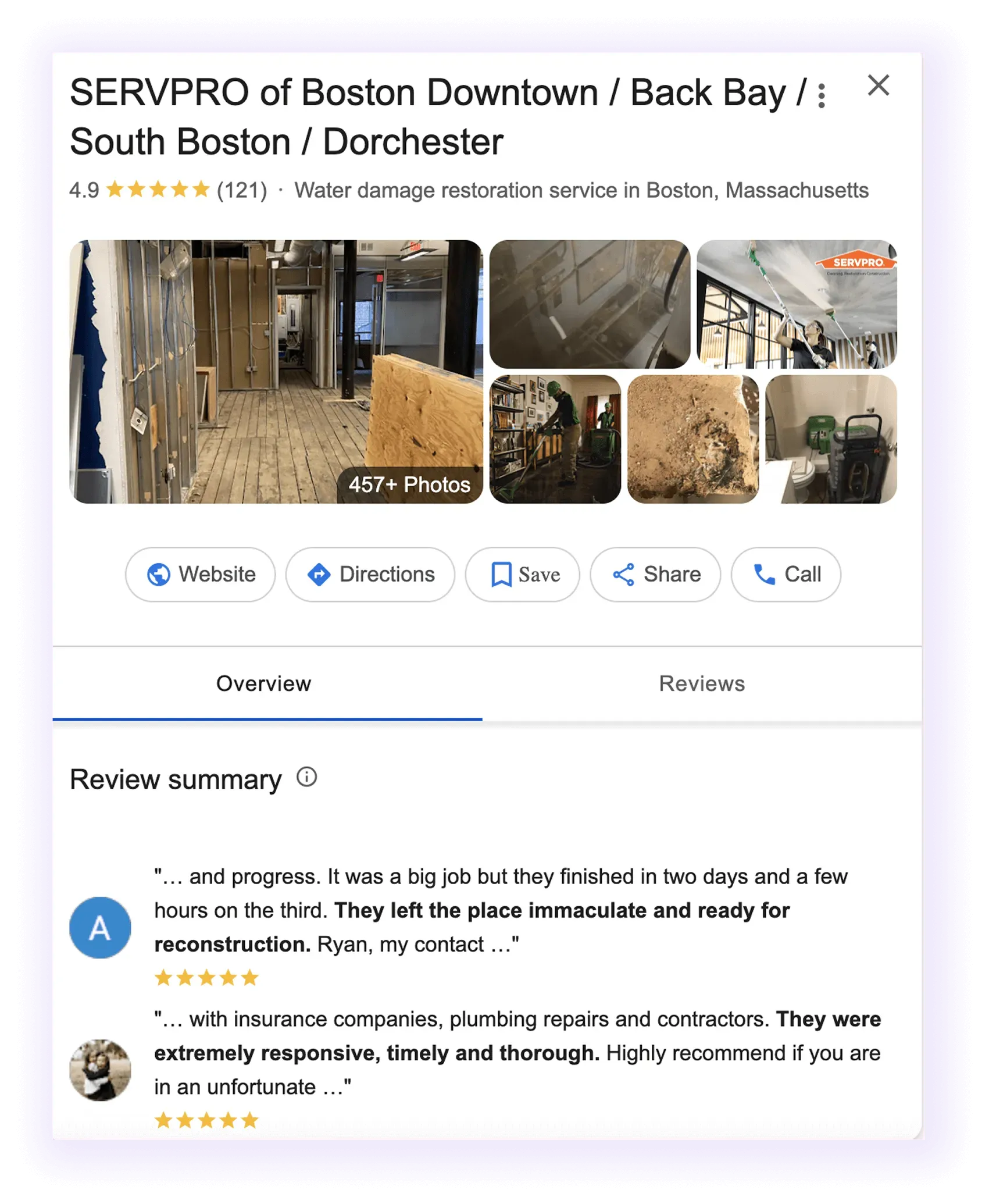 Google Business Profile overview example for a restoration company