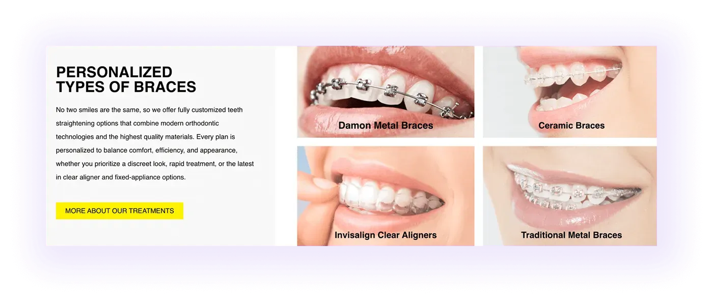 example of service-to-service linking section on an orthodontic clinic website