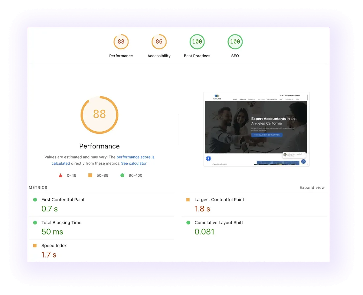 performance score and core web vitals of accounting services website